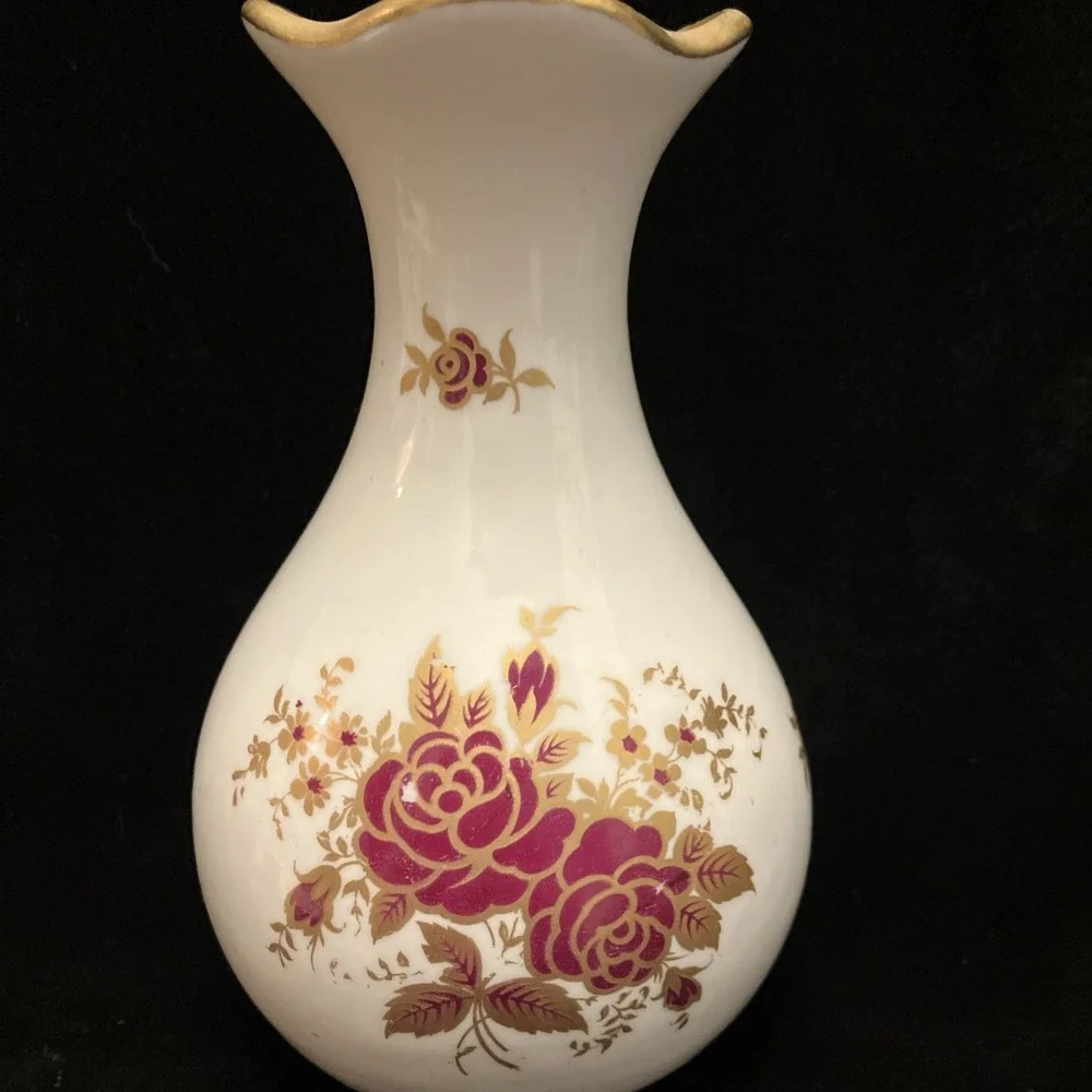 Osborne China 24k Gold Trim Hand Painted Vintage Vase Burgundy Red Yellow Floral